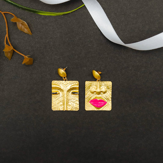 Artistic Face-Design Gold Tone Earrings