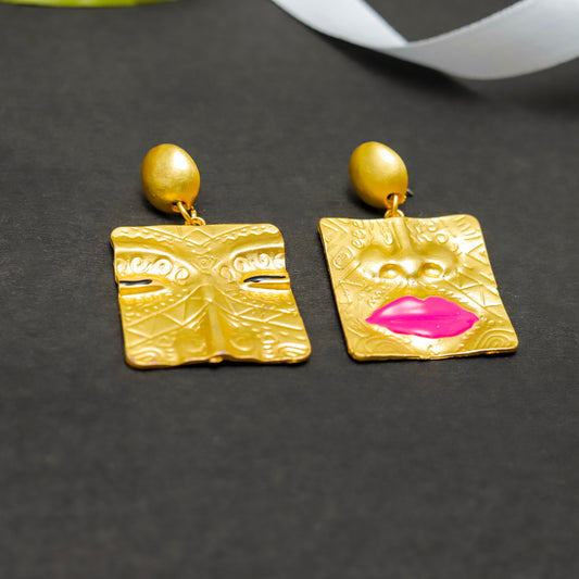 Artistic Face-Design Gold Tone Earrings
